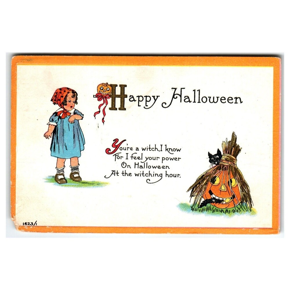 Vintage Halloween Postcard Girl Witch Pumpkin Black Cat J.B. & Co. Germany 1623